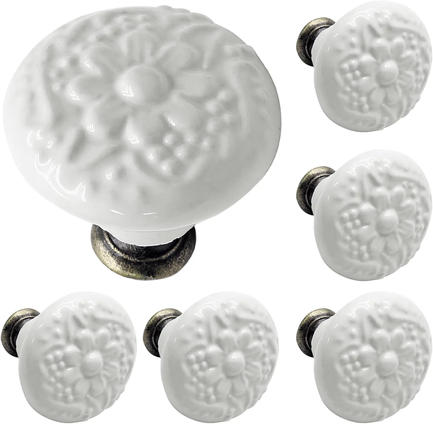6 Pcs White Ceramic Kitchen Cabinet Knobs and Pulls, Retro Vinta Round Drawer Knobs, Decorative Clot Door Handles