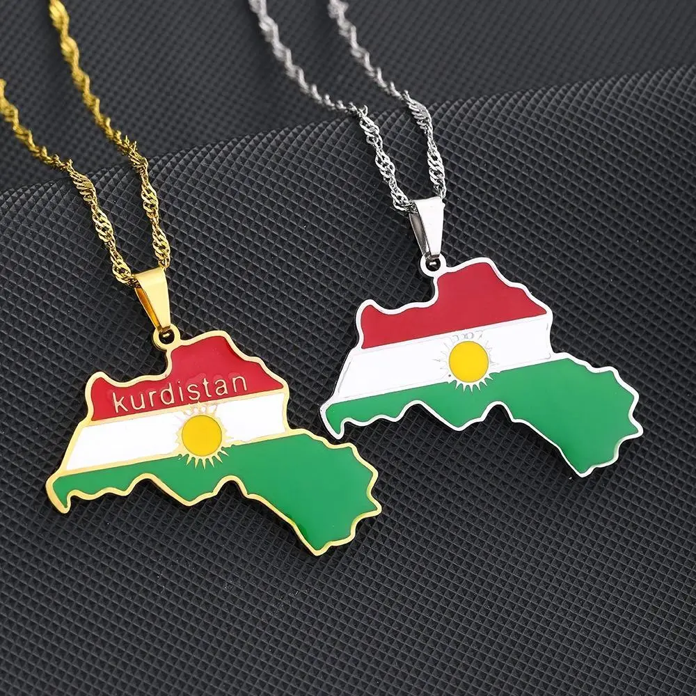 Elegant Long Stainless Steel Pendant Necklace with Metal Coating - Kurdistan Flag Map Shape Fashion Accessories, Unisex Couple Matching Sets with Letter Detail for Casual Daily Wear, Chain Jewelry Necklaces
