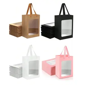 5 Pack of Transparent Window Kraft Paper Gift Bags 9.84 Inch x 7 Inch x 5.12 Inch with Handles, Party Gift Packs, Gift Decoration Ideal for Birthday Christmas Party Weddings Small Gifts