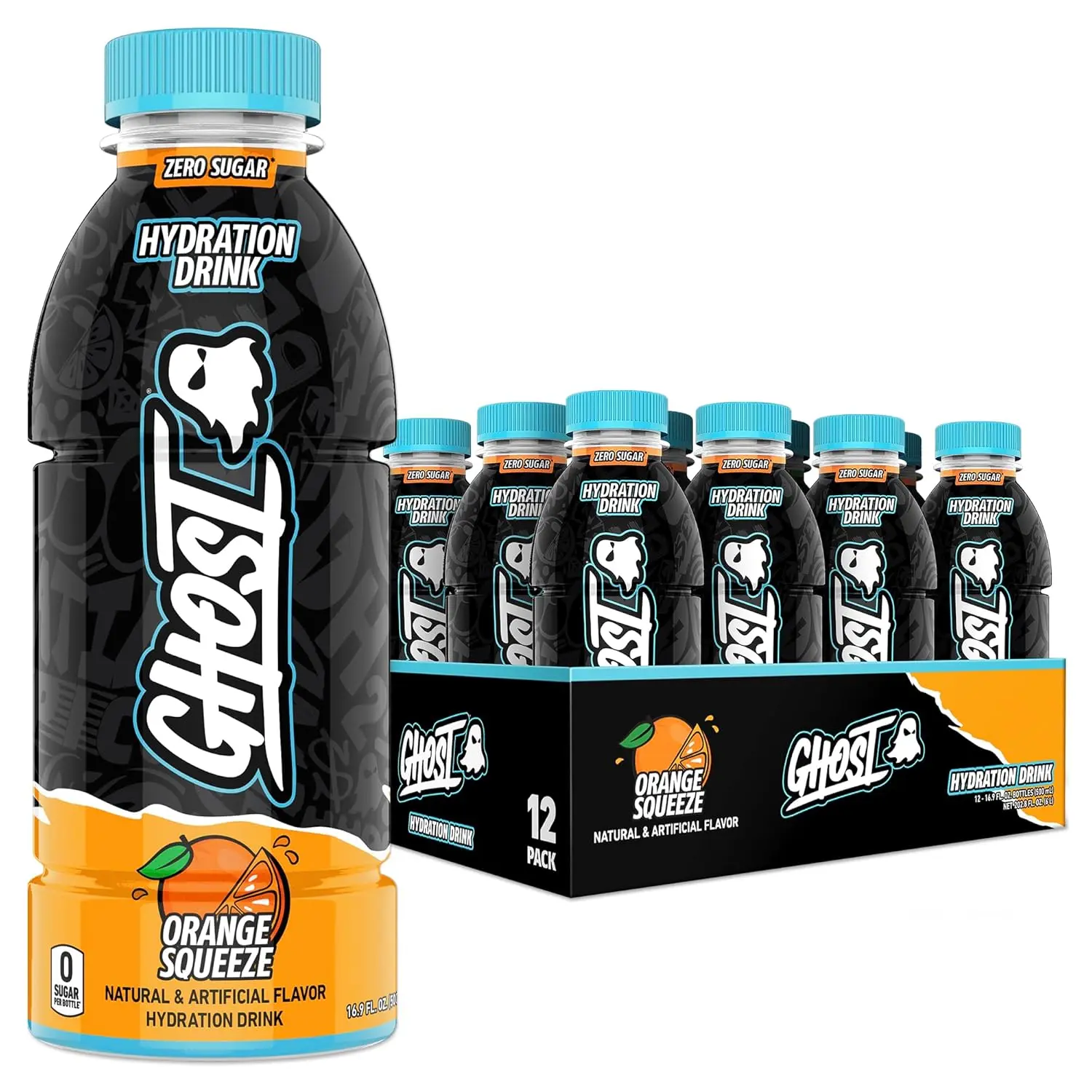 GHOST Hydration Drink Orange Squeeze, 16.9 fl oz Bottles, 12-Pack, Zero Sugar & Zero Caffeine, Electrolyte Sports Drink with Vitamins & Minerals, Daily Hydration Beverage