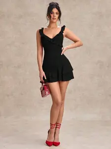 Women's V-Neck Sweet Cute Elegant Versatile Date Night Red Ruffle Hem Mini Dress, Valentine's Day,Rave Outfits Festival,Summer Dresses For Women
