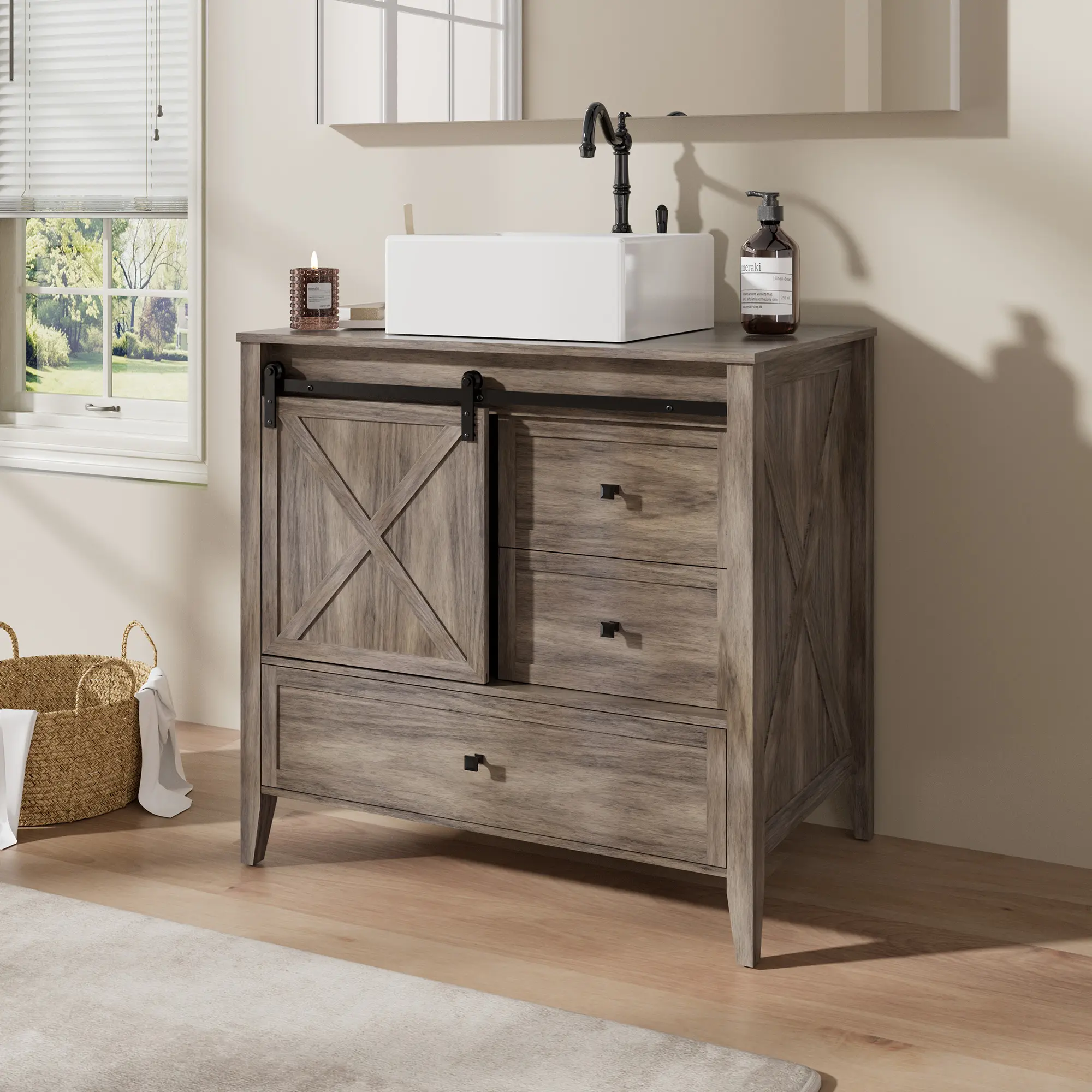 VNN Bathroom Vanity with Sink - 36 Inch Bathroom Vanity with Sink Ceramic, Freestanding Cabinet with Farmhouse Sliding Barn Door and 3 Drawers, Space-Saving Storage Cabinet, Wood Grain Texture, Grey