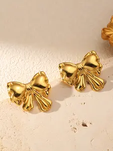 1Pair Stainless Steel Golden Bowtie Stud Earrings Fashion Waterproof Ear Jewelry For Women Girl Gift Party Wedding aretes