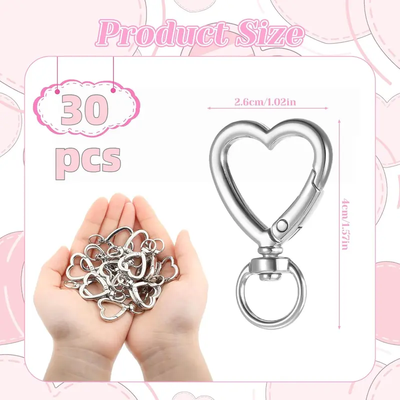30pcs Multipack Alloy Metal Heart Keychain Series with Clip-On Spring Snap Buckle - Women's Useful Mini Gifts, DIY Hanging Accessory, Approx.4x2.5cm/1.6x0.98in Home Decor & Bag Accessory