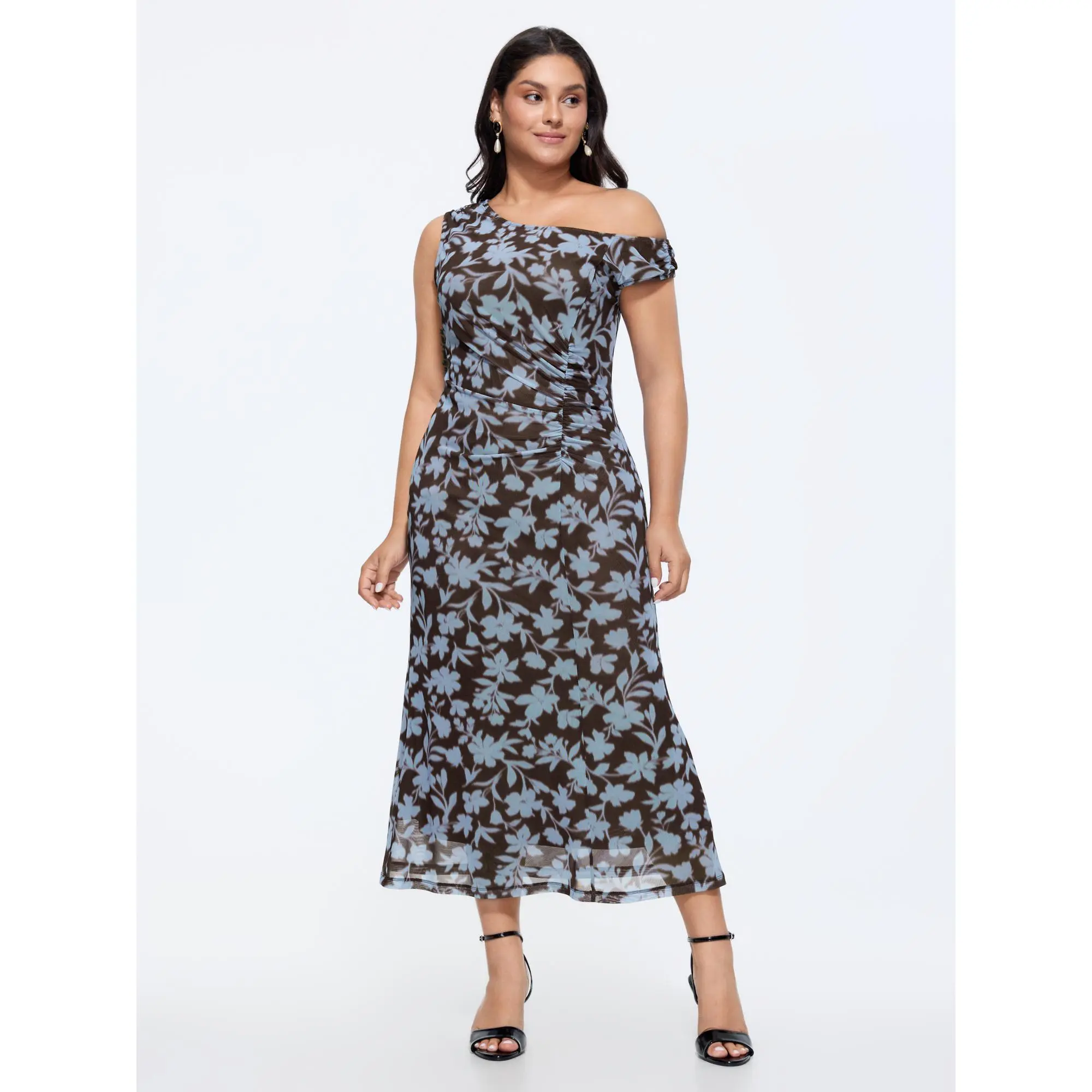 BLOOMCHIC Plus Size Floral Print Mesh One-Shoulder Midi Dress[M-6X] 2026 Spotlight, Summer wins, Deals for you days,Summerfinds