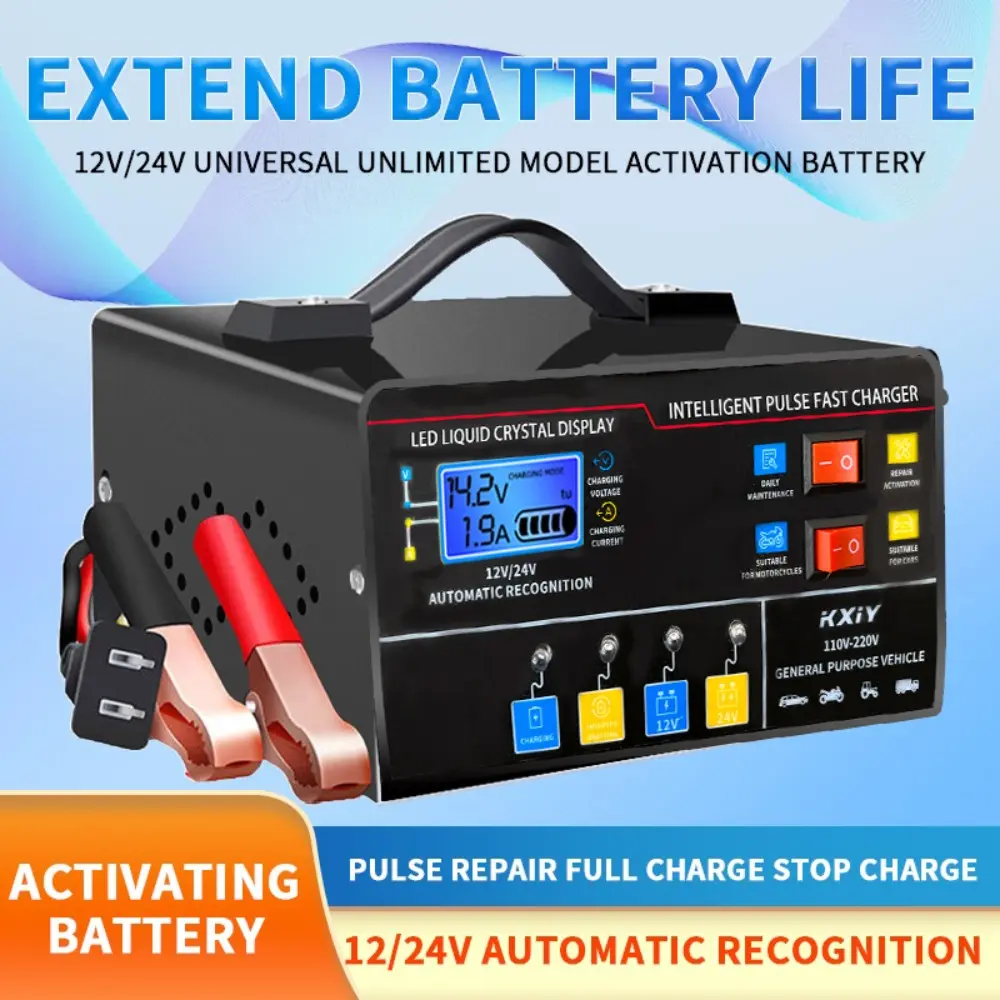 12V/24V Auto Smart Pulse Battery Charger with Digital Display, Fast Charge & Repair, Quiet Operation, Intelligent Pulse Technology for Quick Battery Fixes, Automotive Repair Tool Sleek Device Design Clearly Labeled Buttons