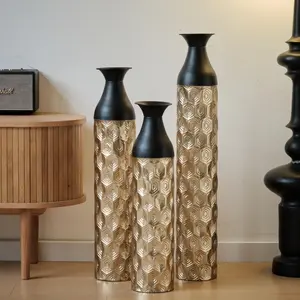 Floor Vases Set of 3 Decorated Black Metal Cylinder Vases Floor Standing Vintage Big Vase 24.8in/29in/33.8in Height Ceramic Vase with Dried Pampas Grass for Dining Bedroom Home Corner Indoor- Living Room Ornaments