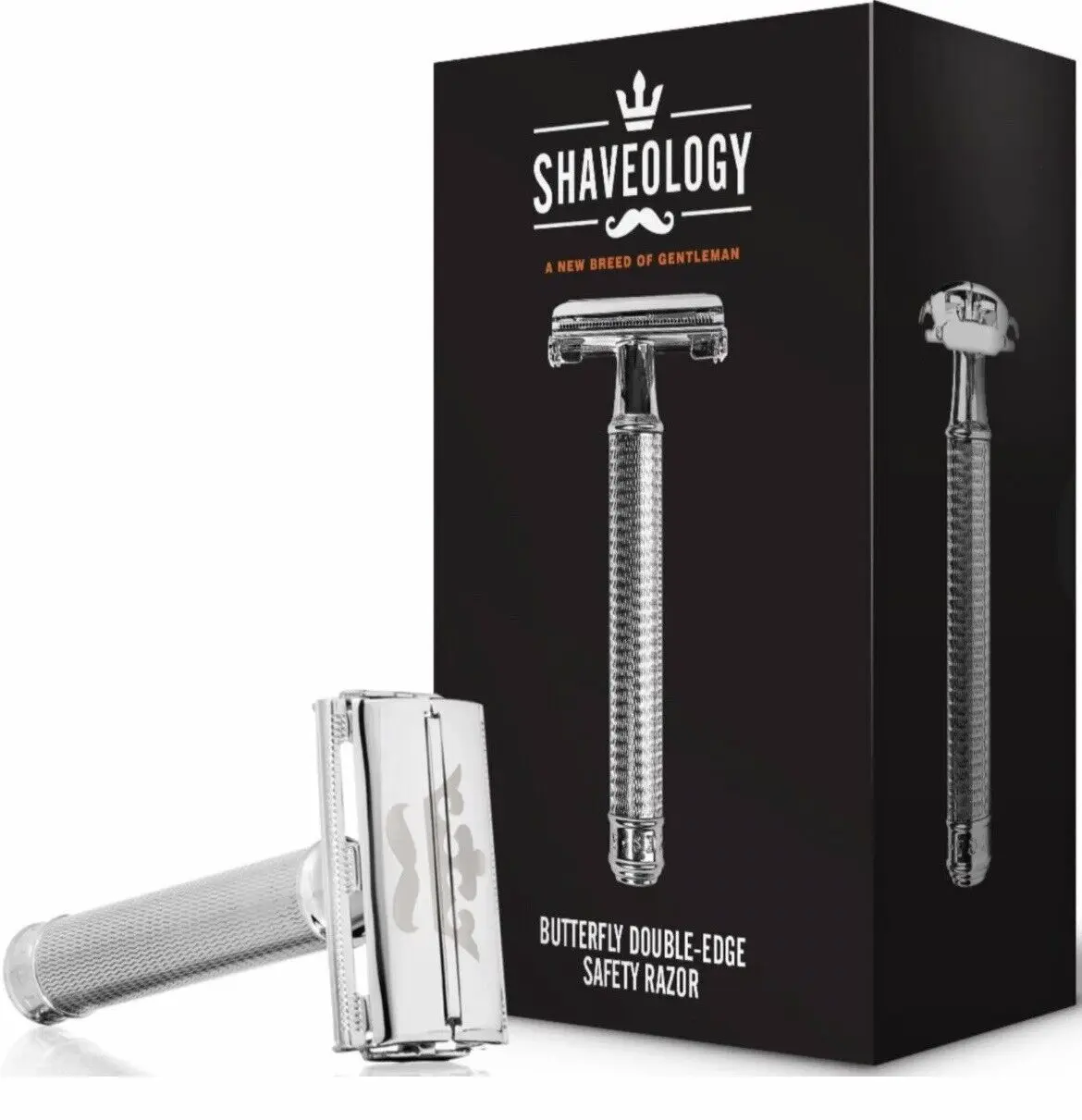 Butterfly Double-Edge Safety Razor for a Flawless Smooth Facial Shave - Men's Shaving Kit with Chrome Handle, 5 Platinum Blades & Leather Protector, Gift, Luxury, Durable, Groomsmen, Metallic