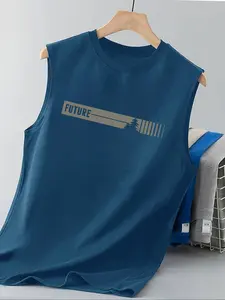 Men's Summer Casual Sleeveless Lightweight Vest, Coconut Tree Print, Outdoor Sports Wear, Athletic Fashion Activewear, Daily Versatile Style, One Piece Pack Sports Fitness Vest