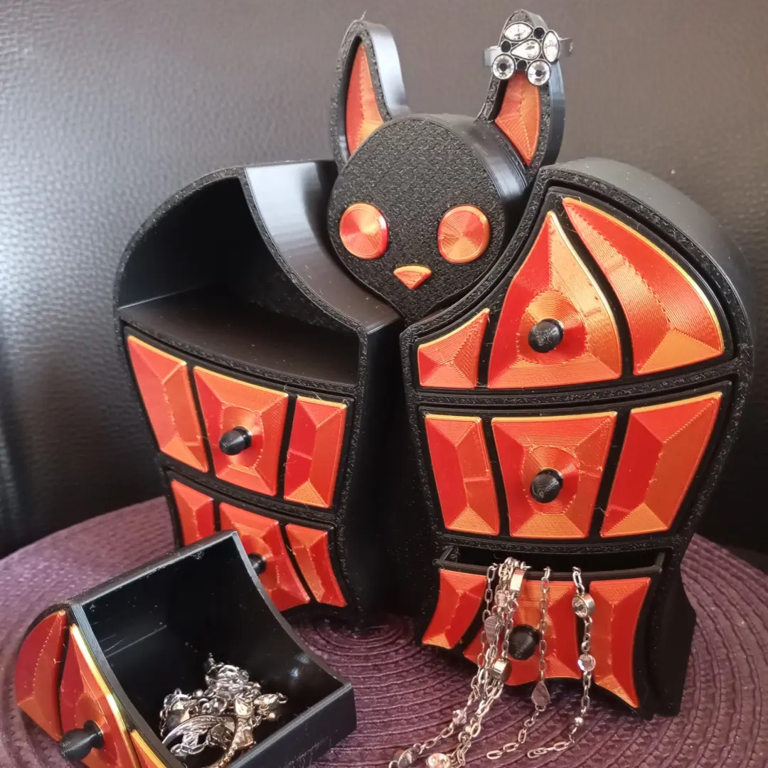 Gothic Bat & Cat Jewelry Storage Box Organizer Multi-Compartment with Small Drawer for Rings Necklaces Earrings Dark Aesthetic Halloween Christmas Gift Versatile Accessory Holder