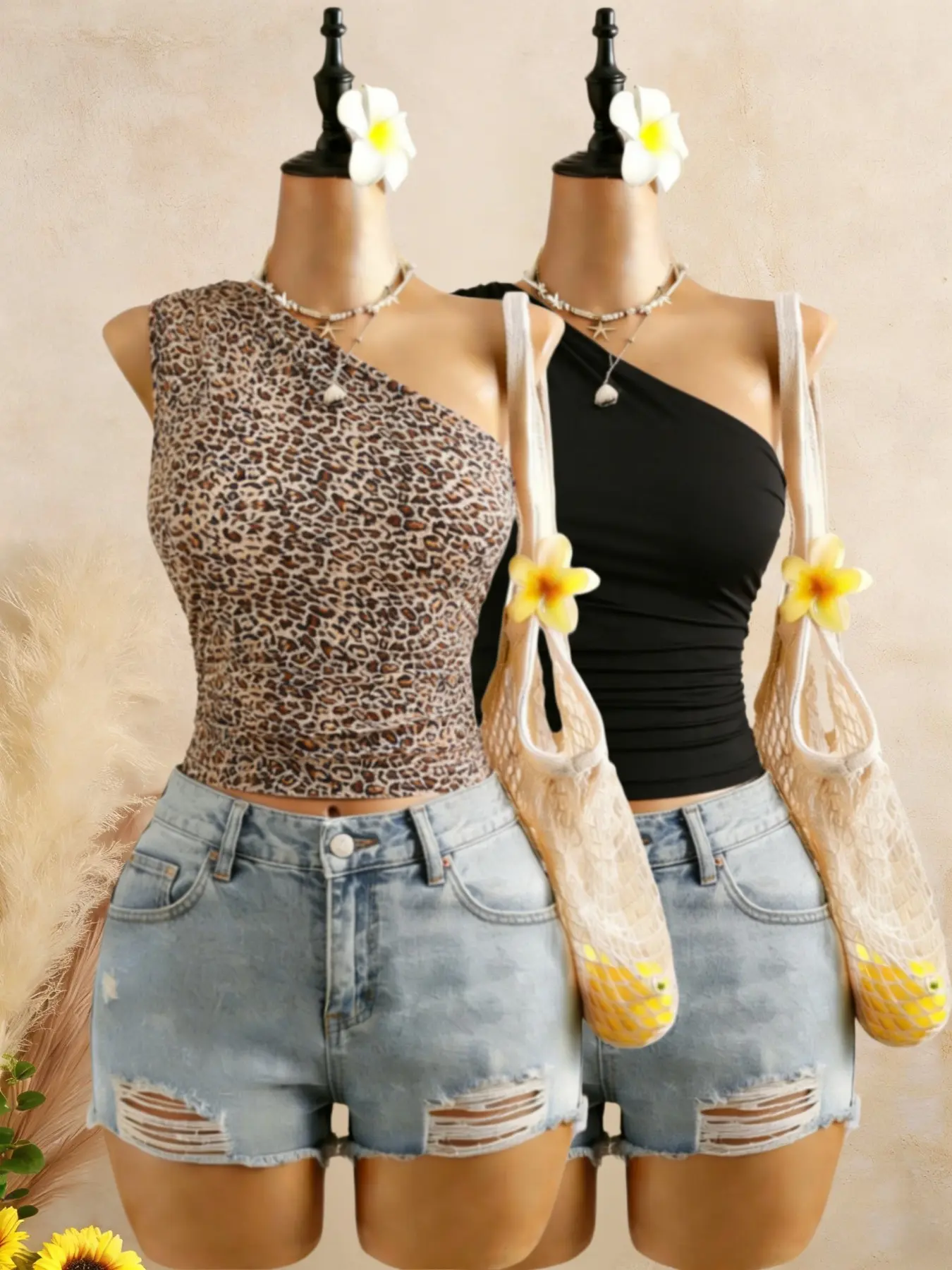 Women's One-Shoulder Short High Elasticity Ruched Side Bohemian Sleeveless Vest Two-Piece Set, Casual Summer Fashion Top