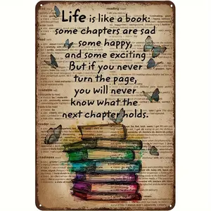 2D Flat, Vintage Metal Book Lover's Wall Art Sign with Colorful Butterflies & "Life Is Like a Book" Quote - 12x8 Inch Classic Bookshelf Design with Open Book & Butterflies - Durable Metal Wall Decor for Home, Office, Library, Cafe - Easy to Hang