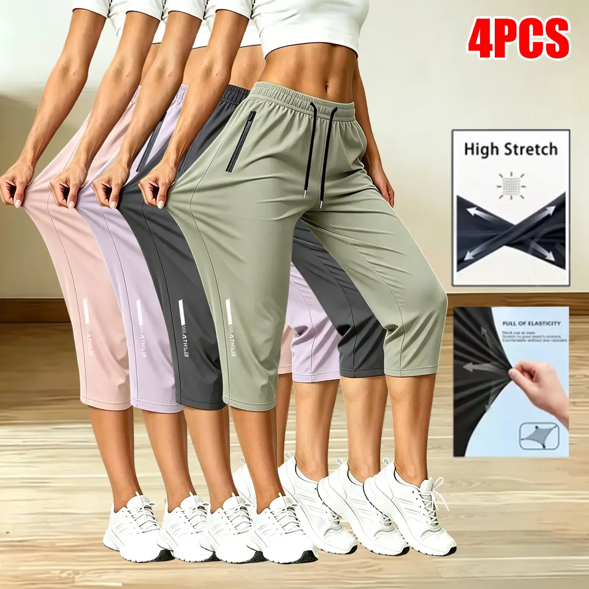 4-pack women’s casual athletic capri pants, loose fit, zippered pockets, breathable summer fabric with slight stretch, reflective stripe print, suitable for everyday wear