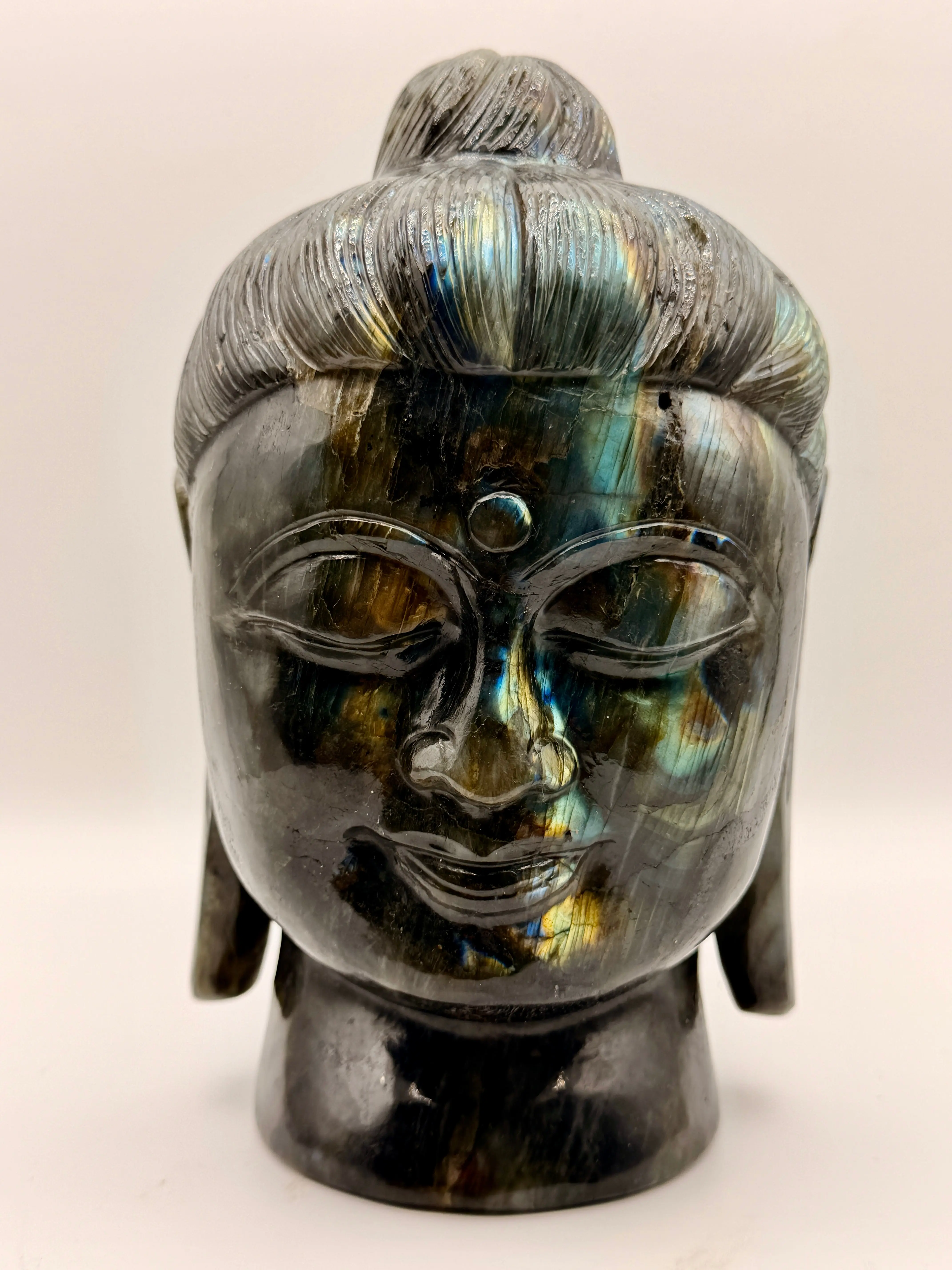 Handcrafted Smooth Luminous Stone Labradorite Buddha Head Sculpture, 8x6x4" Traditional Religious Collectible Ornament for Indoor Home Altar Decor Display