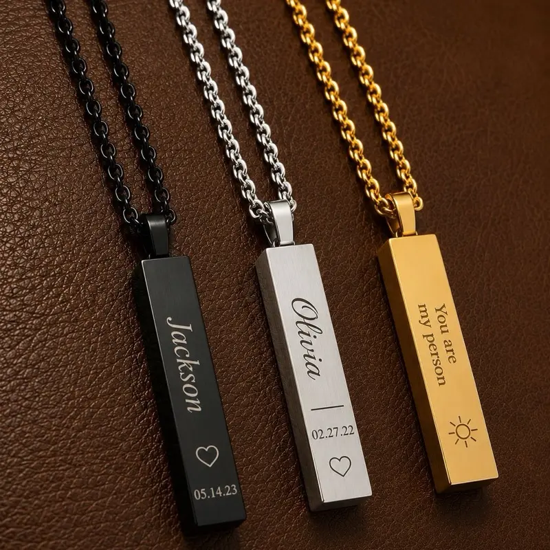Personalized 4-Sided Vertical Bar Necklace | Custom Engraved Name, Date, & Message | Gold, Silver & Black