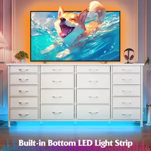 【SummerVibes】Raybee Furniture 63" W 18 Drawers Dresser, with LED Lights & Power Outlets, Long Dresser for 65" TV Stand for Bedroom, Large Fabric Dressers & Chests of Drawers for Bedroom, Sturdy Metal Frame