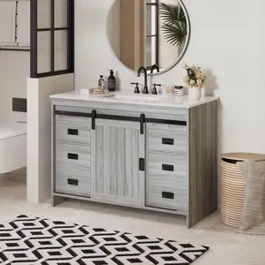 48" Farmhouse Single Bathroom Vanity with Ceramic Top - Gray Sliding Barn Door Sink Vanity