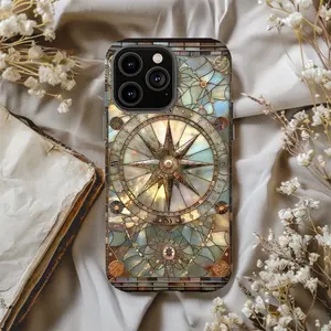 Vintage Compass Stained Glass Phone Case: Personalized Dual Layer Cover. Case for IP 11 12 13 14 15 16 17 Pro, Plus, Promax, S21,22,23,24,25 Ultra, Tough Case, Magsafe Case