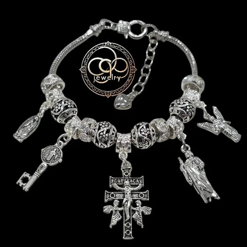 San Miguel Arcangel, San Judas Tadeo, Cruz de Caravaca, San Benito key, Virgen de Guadalupe, Silver bracelet (you can add charms)