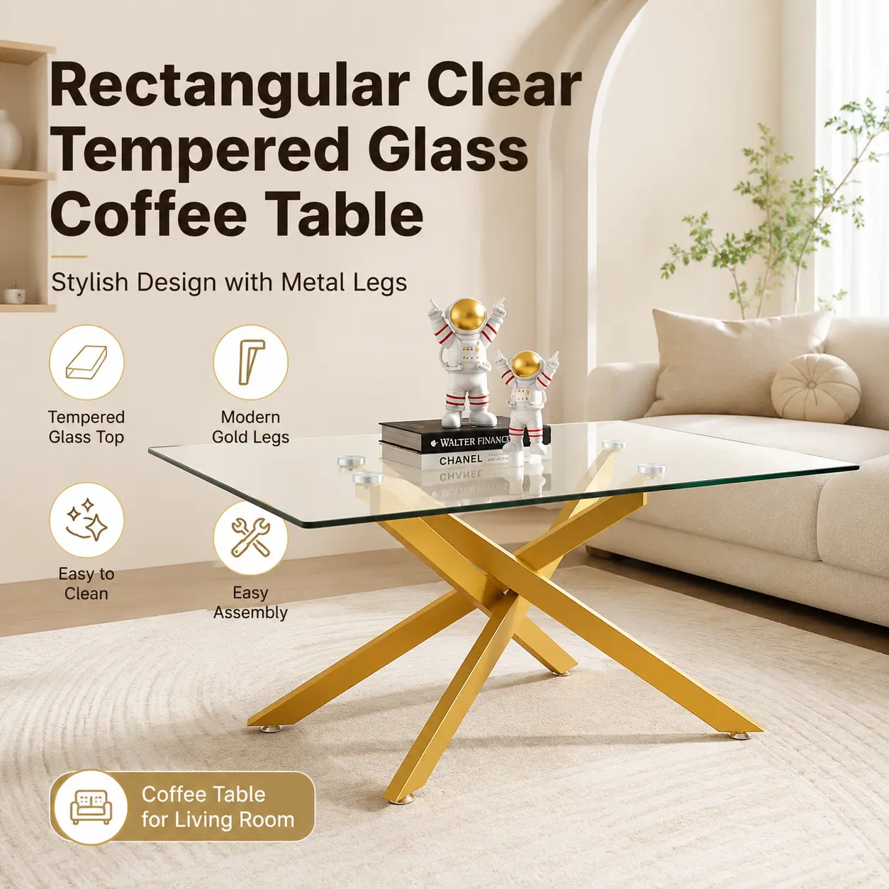 Edgeless Tempered Glass Top Coffee Table - 39.37in Rectangle Contemporary Indoor Living Room Table, Glass-Metal Build, Metal Legs, Easy Assembly, Home Decor Furniture