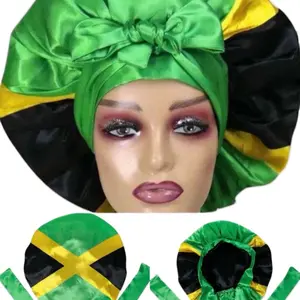 Jamaican Flag Bonnet Adults Kids Silk Satin Hair Bonnet With Long Lace Band