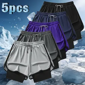 5pcs Men's 2-in-1 Double Layer Shorts With Inner Pocket, High Stretch Sports Shorts For Summer Gym Workout Training