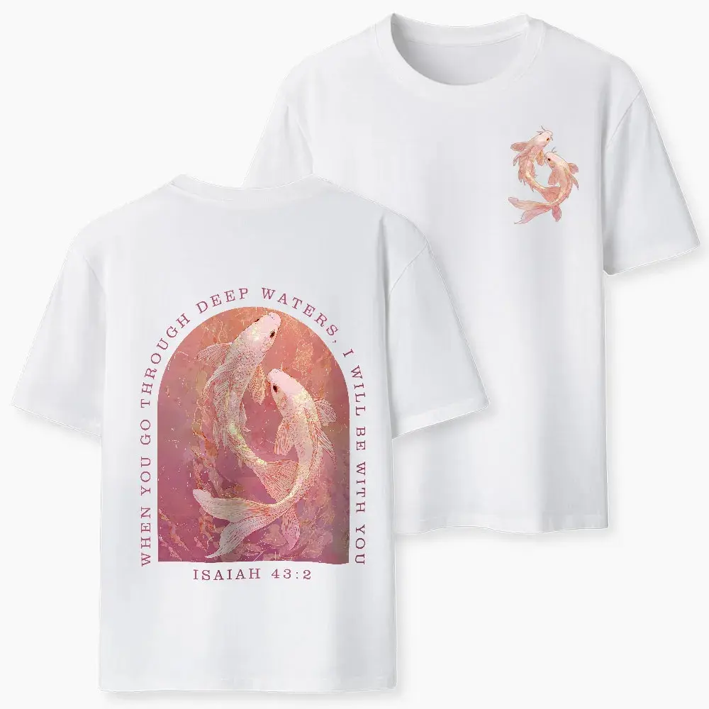 Unisex 100% Cotton T-Shirt, "When You Go Through Deep Waters Isaiah 43:2" Koi Fish Graphic, Faith Casual Wear