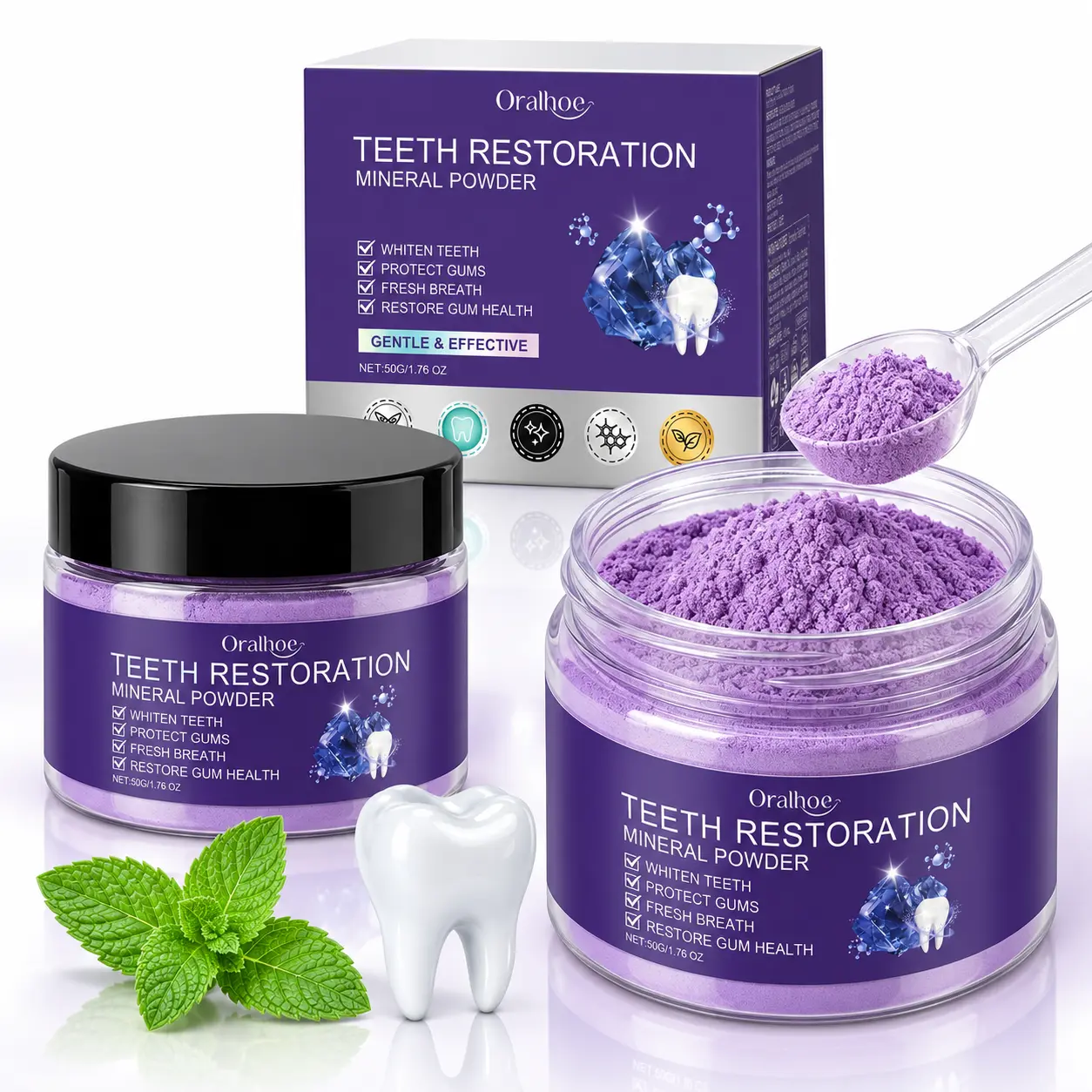 Purple Tooth Powder with Baking Soda and Mint Extract, 50 g Daily Oral Care Powder to Help Clean Tooth Surfaces, Freshen Breath and Reduce the Look of Surface Stains