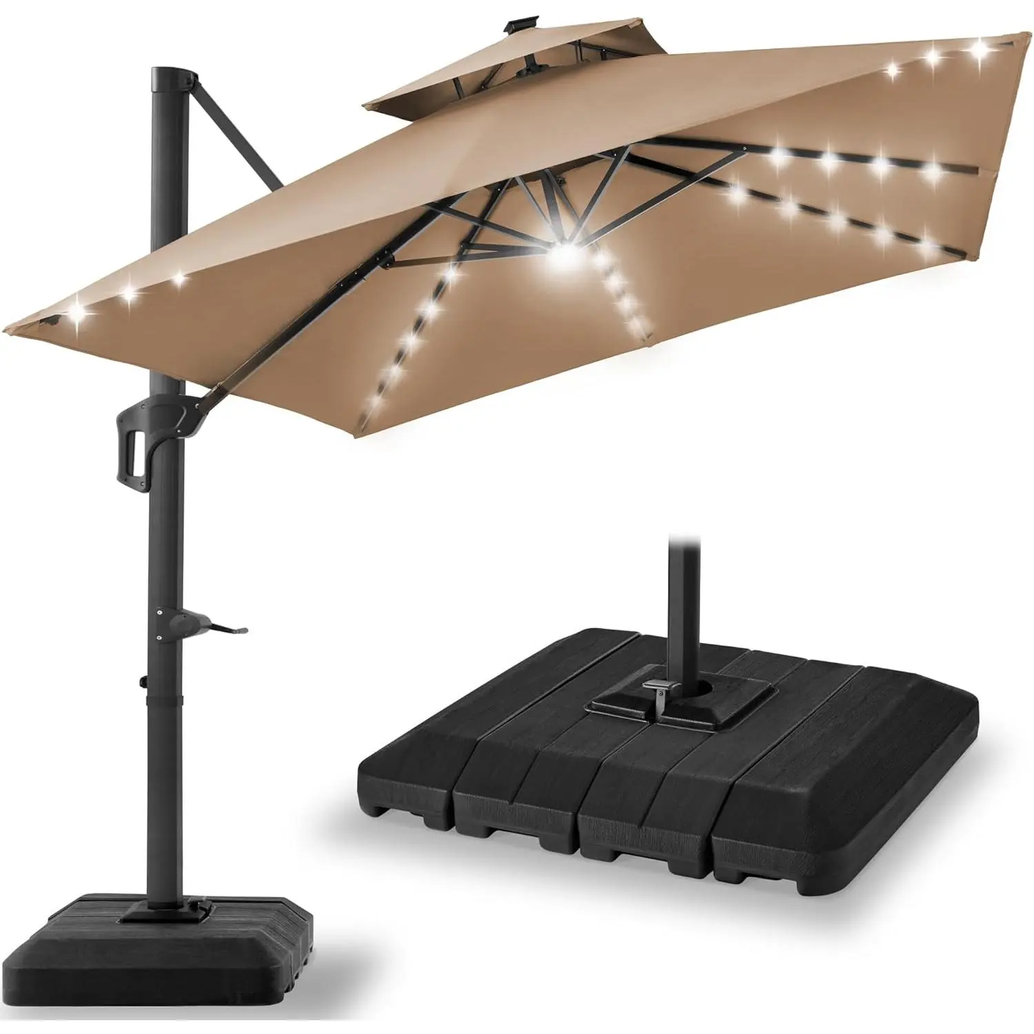 Garvee 10x10ft Offset Patio Parasol - Metal Frame, Solar LED Lights, 360-Degree Rotation, Included Base & Stand, Modern Outdoor Fabric Sunshade for Deck, Pool