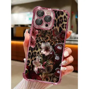 A leopard print cherry blossom phone case, featuring corner drop protection, a transparent soft anti-slip design, and camera protection. Made of durable silicone, it is compatible with iPhone 15/14/13/12/11. It's the perfect holiday gift, Smartphone