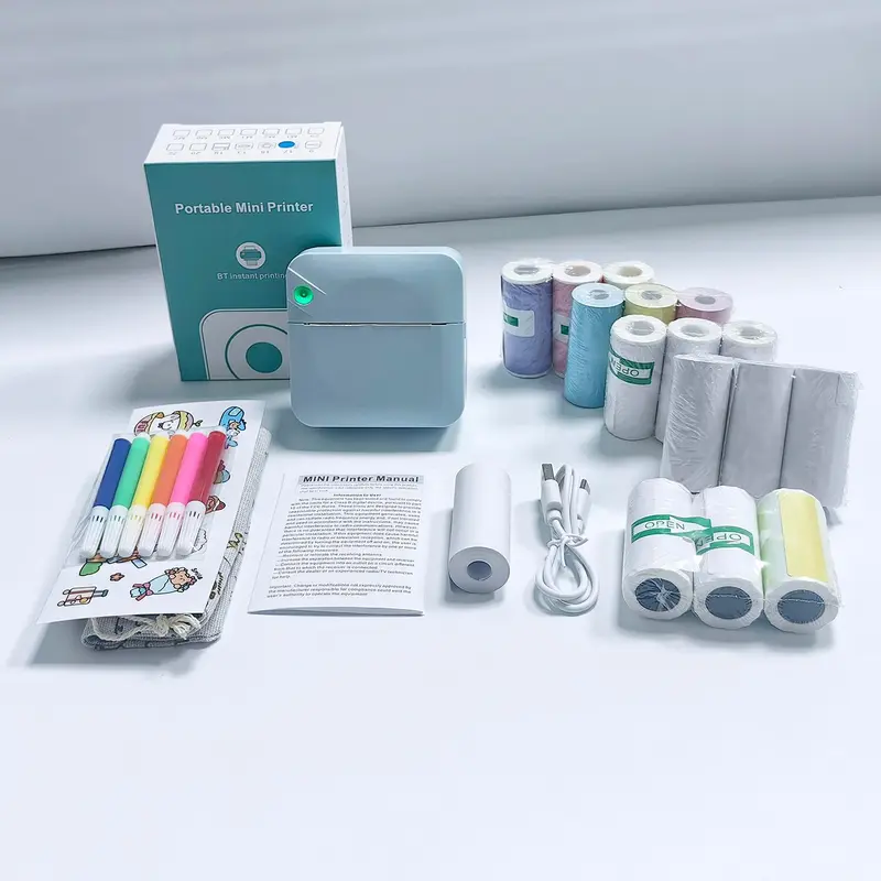 Portable Mini Printer, 1 Set USB Rechargeable Wireless Thermal Inkless Label Printer with Print Paper, Portable Photo Printer for Home Office School, Portable Label Maker