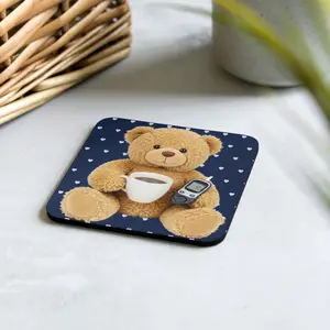Cork-back coaster with a design of a teddy bear holding a coffee mug and a. glucose tester