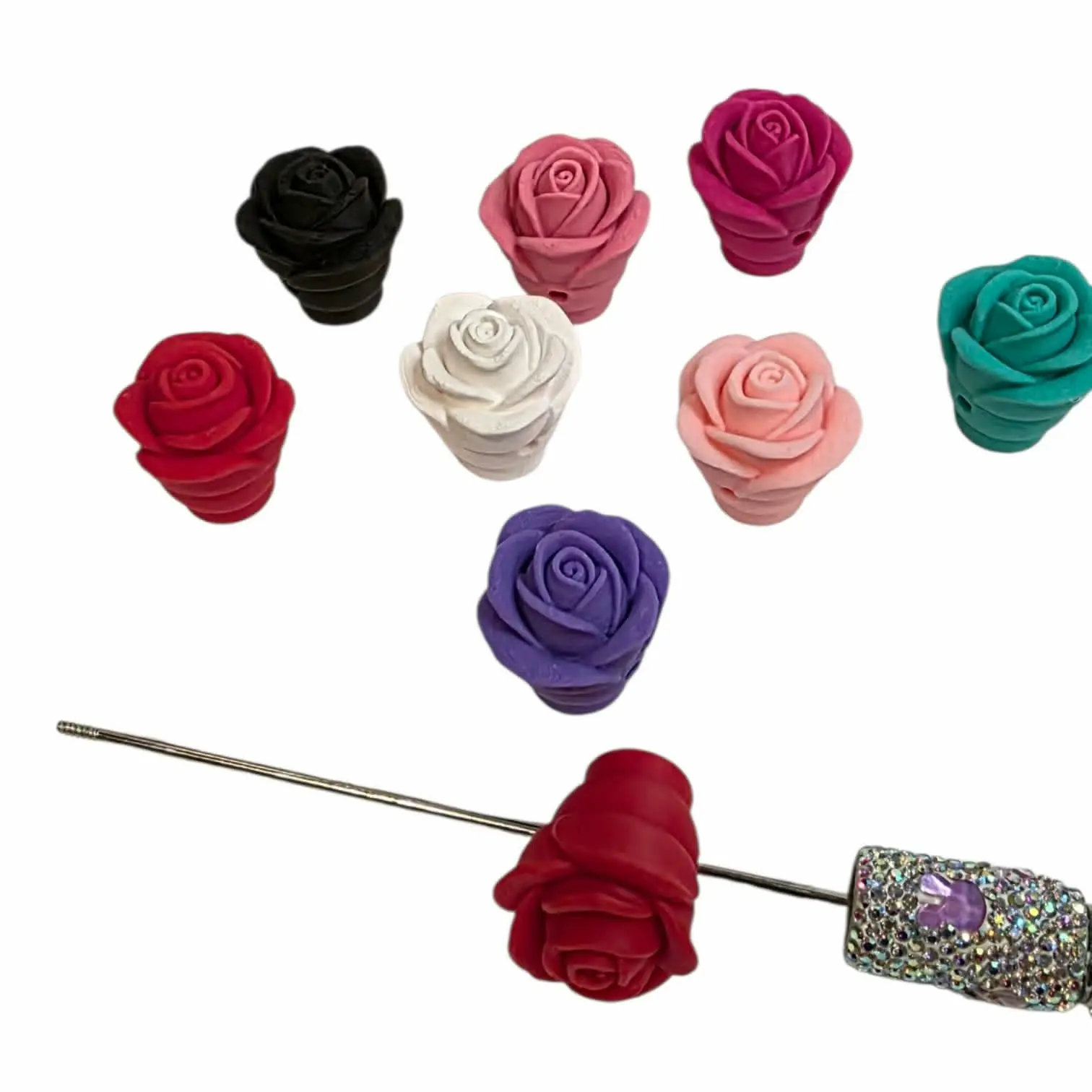 Rose Focal Beads for Beadable Pens | 8pc 3D Printed Floral Flatback Beads