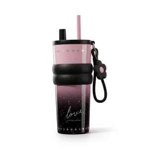 Black-pink 316 stainless-steel straw thermos cup with a starry, gradient-colored design; large-capacity ceramic portable water bottle, suitable for women to use during sports activities.