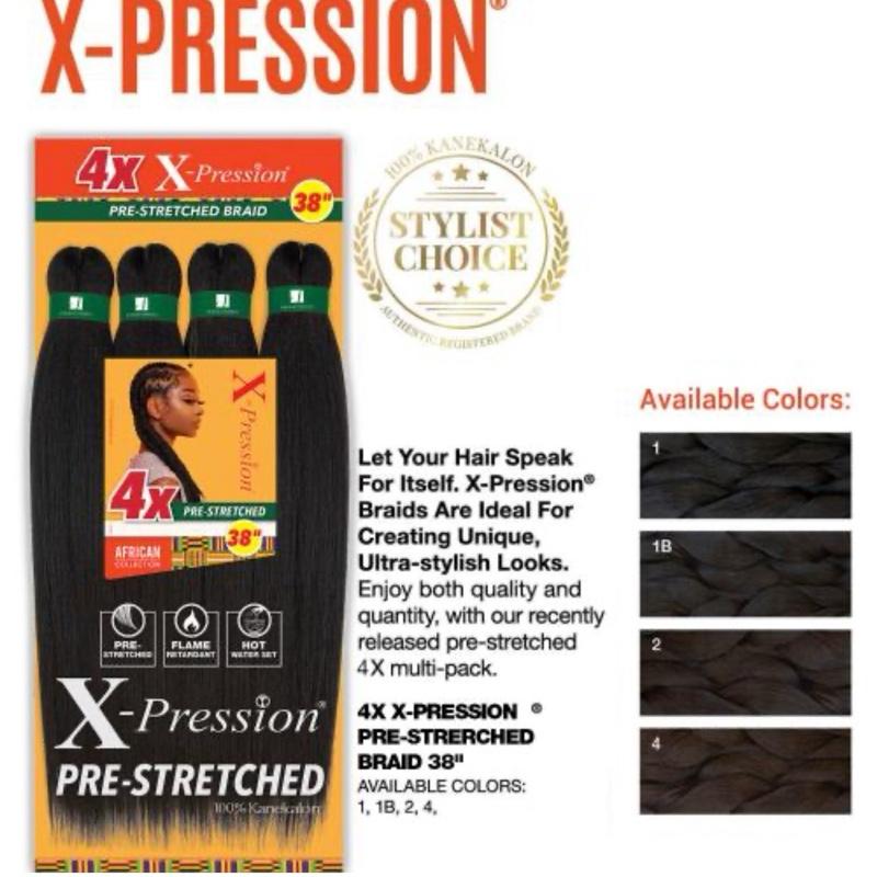 Sensationnel X-Pression 4X Pre-Stretched Braid 38" African Collection - Synthetic Braiding Hair, Flame Retardant, Hot Water Set, 4X Multi-Pack