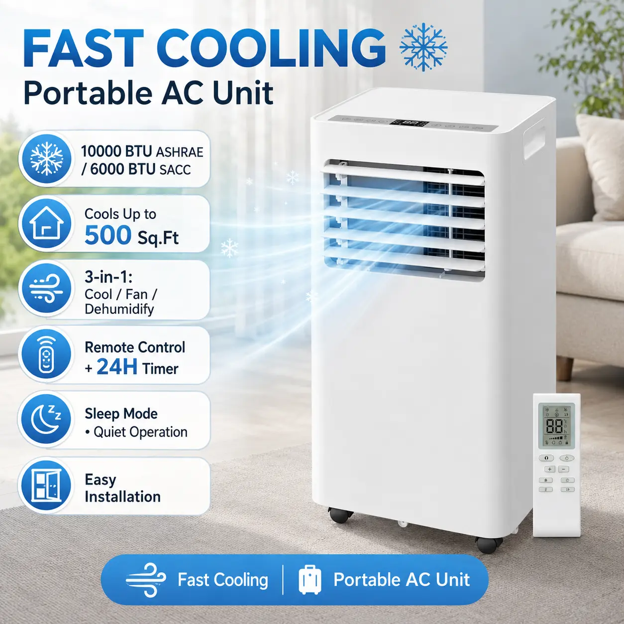 Portable Air Conditioner 8000 BTU 10000 BTU ASHRAE 110V, 3-in-1 Function AC Unit with Cooling Fan, Dehumidifier, Remote Control, 24-Hour Timer, Sleep Mode, Window Kit, 11.5x11.8x27.2in Floor AC for Bedroom, Living Room