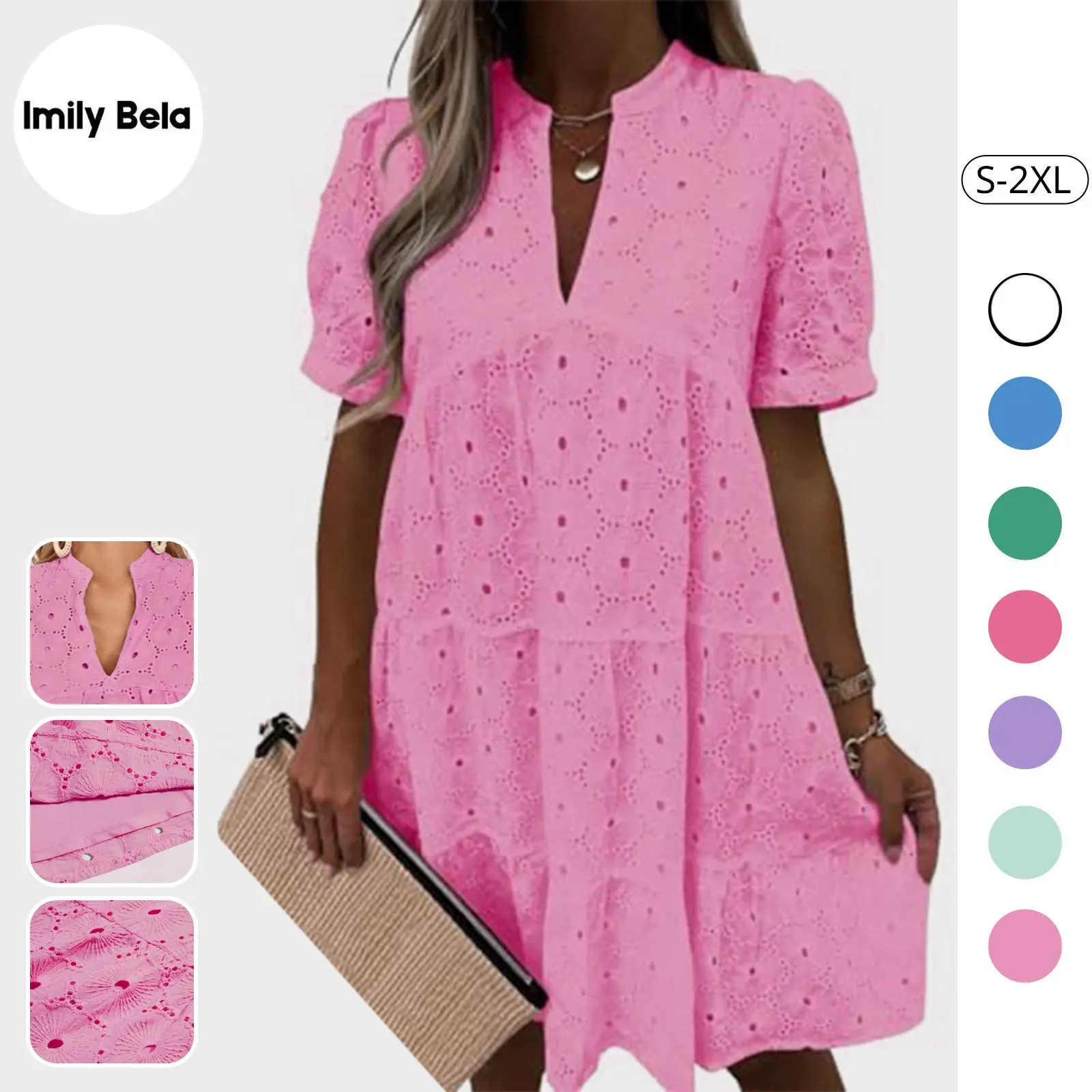 Imily Bela Womens Summer Lace Dresses Eyelet Casual Flowy Babydoll Swing Short Sleeve V Neck Tunic Dress
