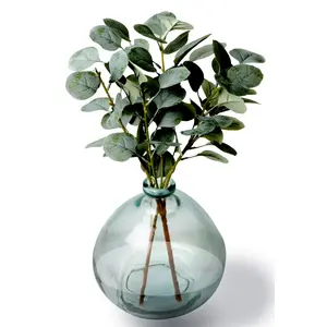 Artificial Green Eucalyptus Arrangement in Glass Vase, Faux Potted Greenery for Home Office Shelf Table Decor, 12 Inch