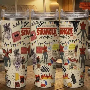 Stranger Inspired Theme Car 40oz Tumbler Vintage Cartoon Illustration Pattern Durable Stainless Steel Double Wall Insulated Leak Proof Easy Carry for Travel Camping Cycling Party Gift Use