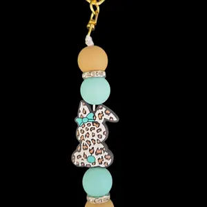 Silicone Beaded Bar Keychain with Leopard Print Bunny Charm and Colorful Beads for Stylish Accessory