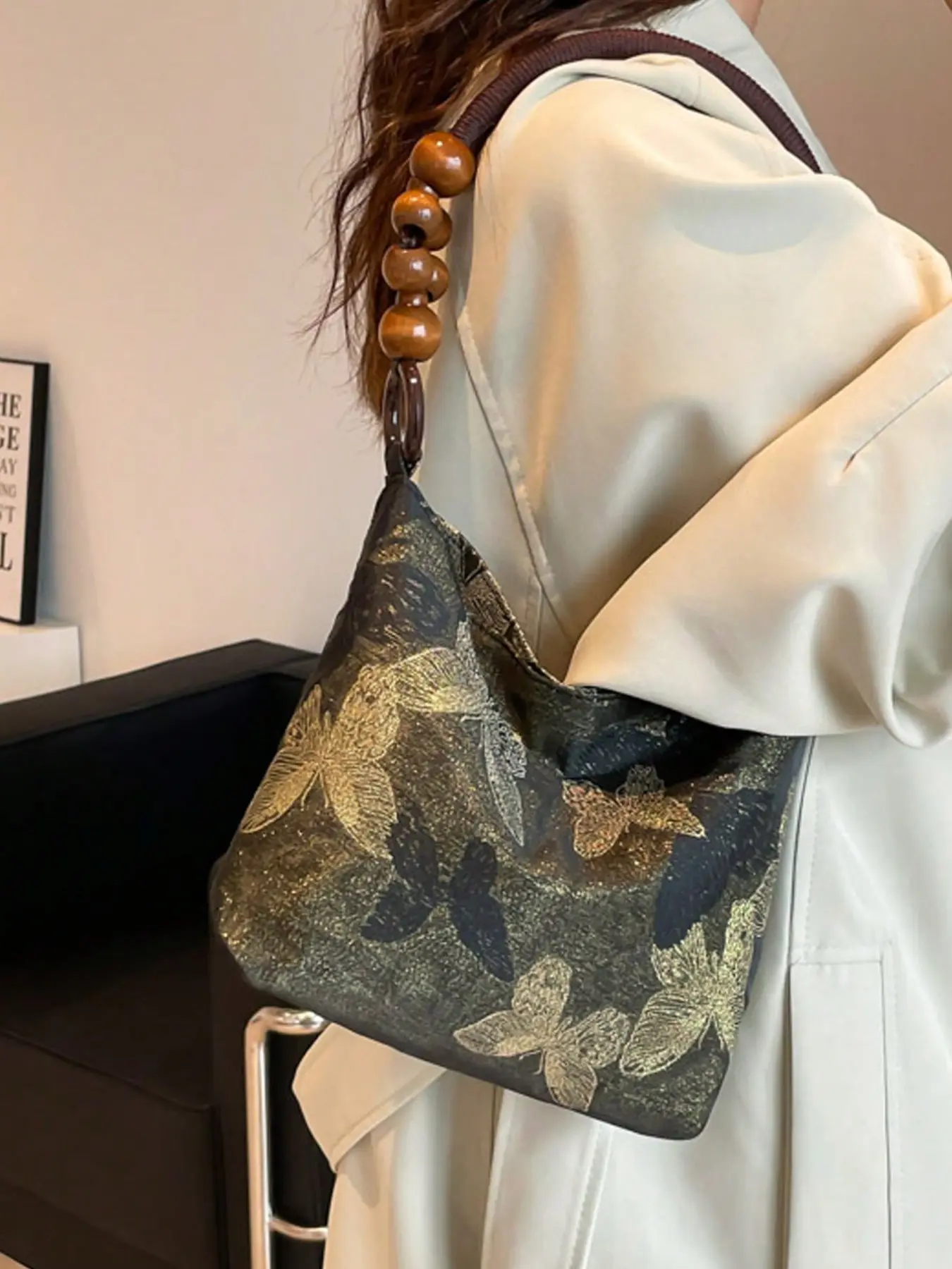 Boho Style Fall Vintage Large Capacity Butterfly Embroidery Bag, Fashion Floral Beaded Handbag/shoulder Bag, Women's Elegant Tote