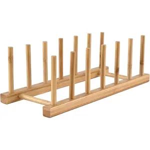 Bamboo Wooden Dish Rack, Vertical Plate & Lid Organizer for Kitchen Cabinet or Countertop, Drying Stand for Dishes, Cutting Boards
