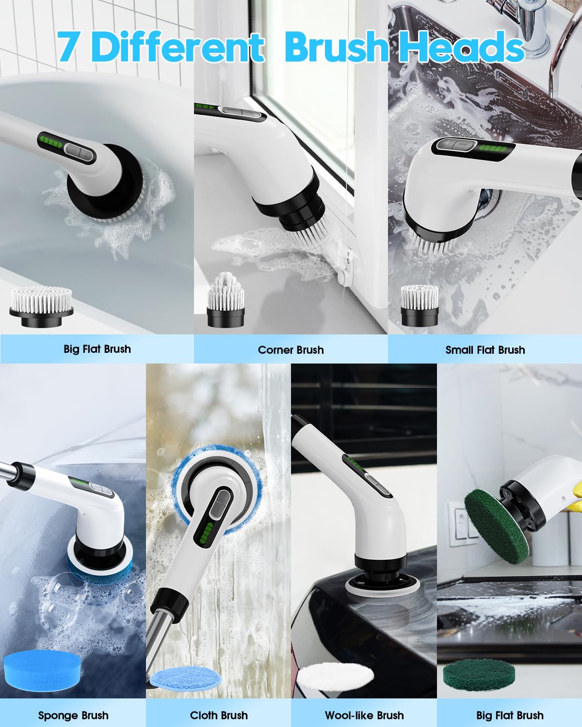Cordless Spin Scrubber - USB Rechargeable Power Scrubber, Adjustable Speed, 8 Replaceable Brush Heads, Back Pain Relief for Bathroom, Kitchen Home Improvement Cleaning
