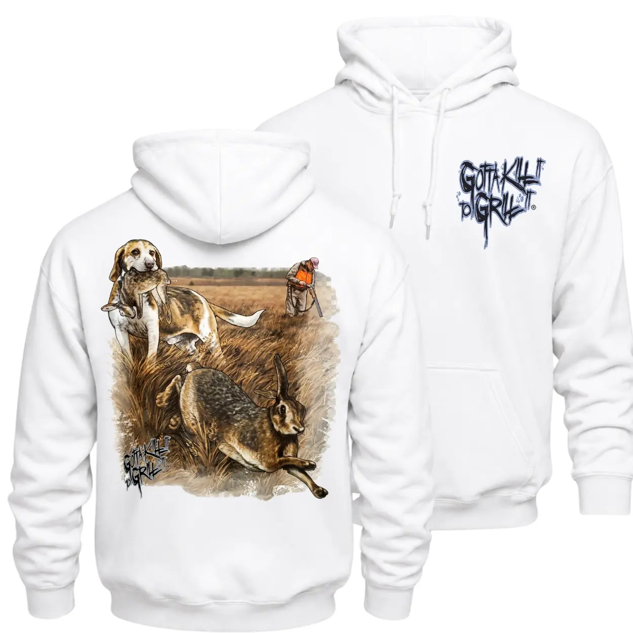 Gotta Kill It To Grill It Rabbit Hunting Hoodie, Beagle Dog Graphic Pullover, Front Chest Logo and Large Back Print Hunter Hoodie, Outdoor Sportsman Country Apparel, Fall Winter Hunting Gift for Men and Women