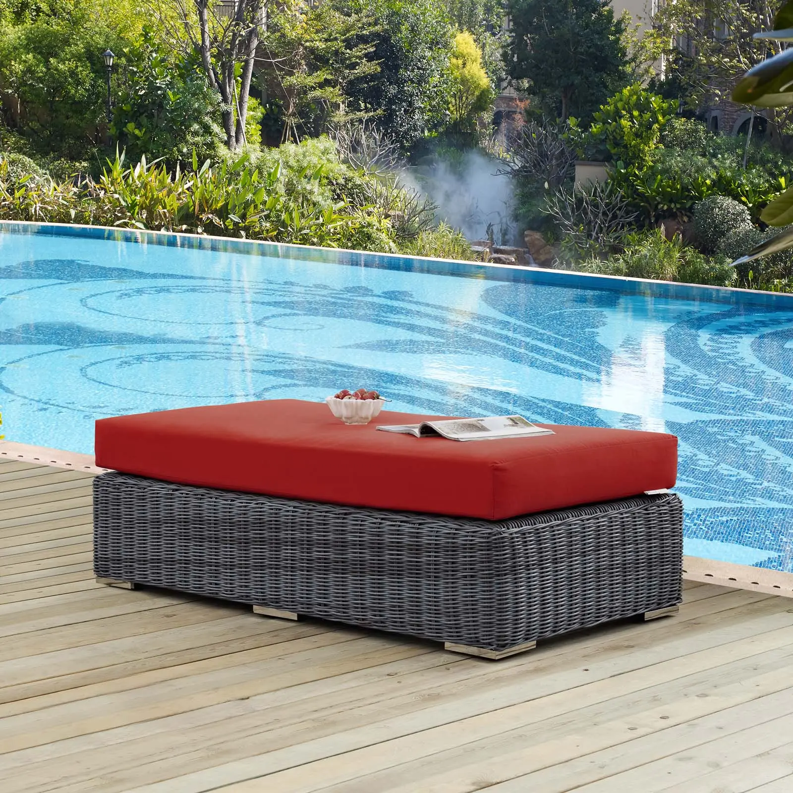 Modway Summon Outdoor Sectional Rectangle Ottoman, Sunbrella® Canvas Red Outdoor Patio Stool & Bench