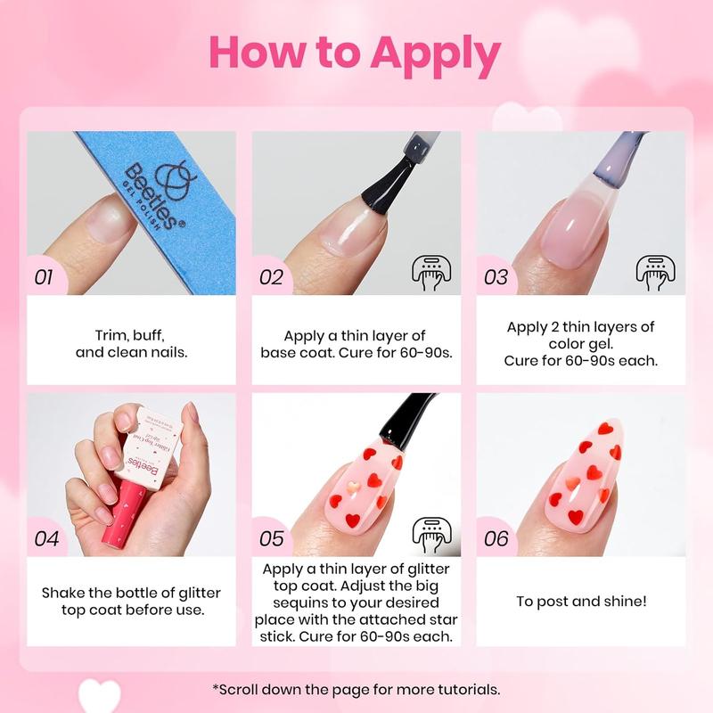 Beetles Valentine's Glitter Gel Top Coat Set, Clear Pink Color High Shine, Drying, Manicure Essentials EasterNail Designs SpringNail VacationNail FestivalNail GraduationNail  newyearnewme valentinesday