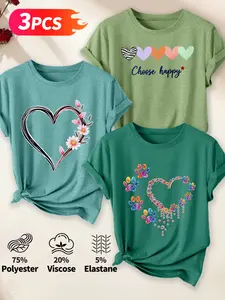 3pcs Women's Crew Neck T-Shirt, Heart Floral & Rainbow Paw Print, Multiple Colors Available, Machine Washable, Spring & Summer Top, Soft Skin-Friendly Fabric, Daily Versatile, Fashion Design, Casual