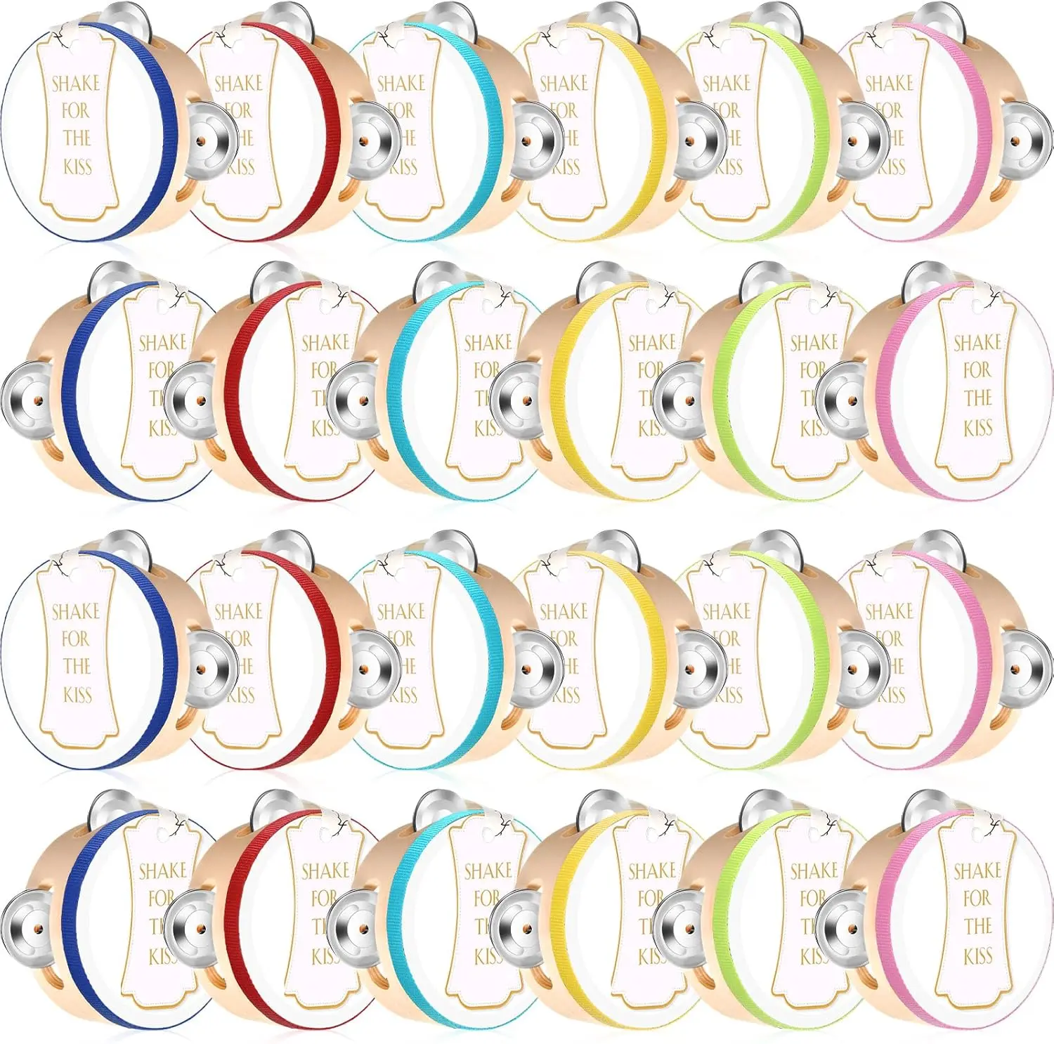 24 Set 4 Inch Tambourine for Adults Wooden Hand Held Drum with Metal Jingles,  Tags, White I Love You Printed Ribbon Percussion  Musical Instrument for Church Wedding Party(Colorful)