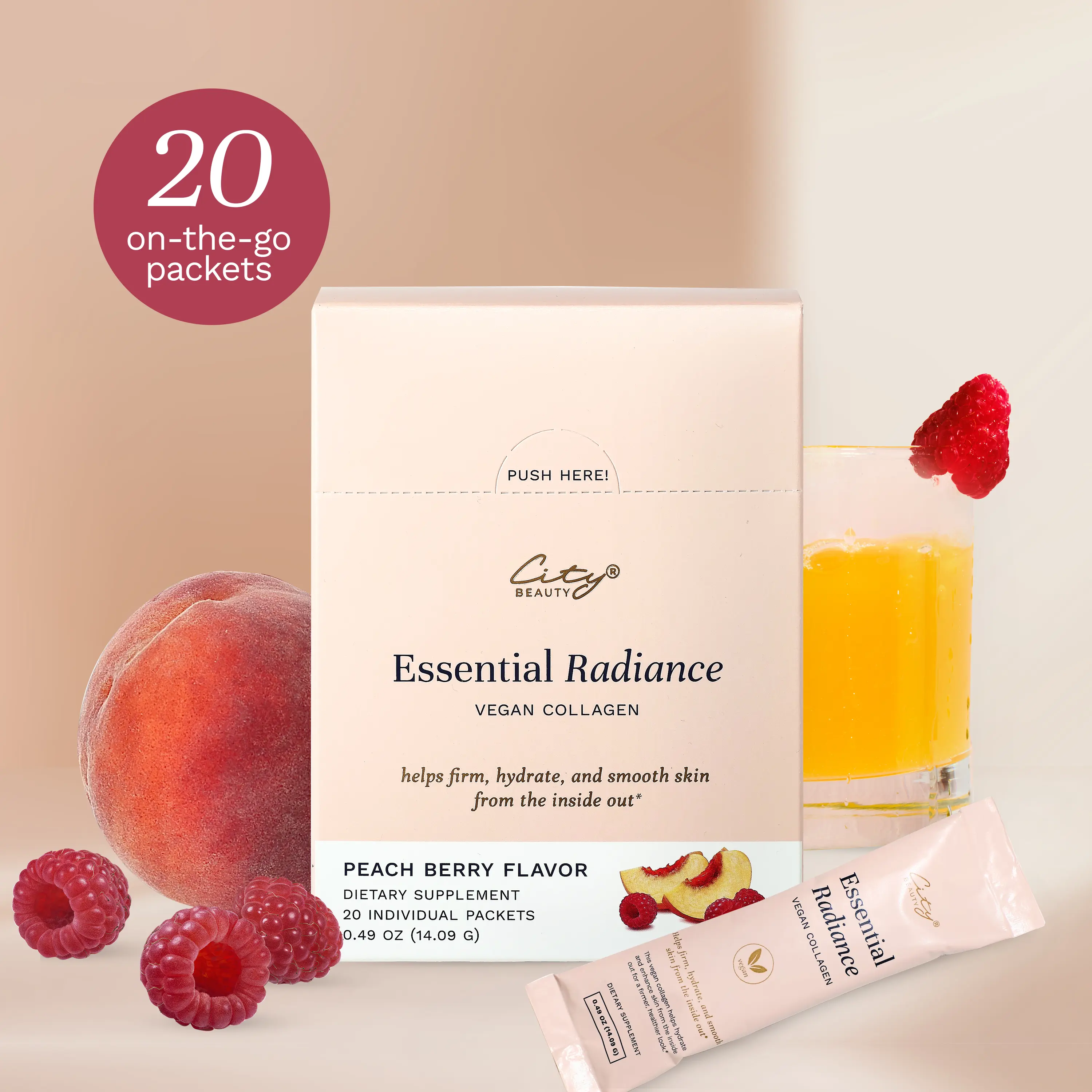 City Beauty Essential Radiance – Vegan Collagen Boosting Blend for Skin, Hair & Nails† | Peach Berry Flavor | Supports Firmer, Healthier-Looking Skin, Energy & Digestion† | 20 Daily Packets Dietary Powder