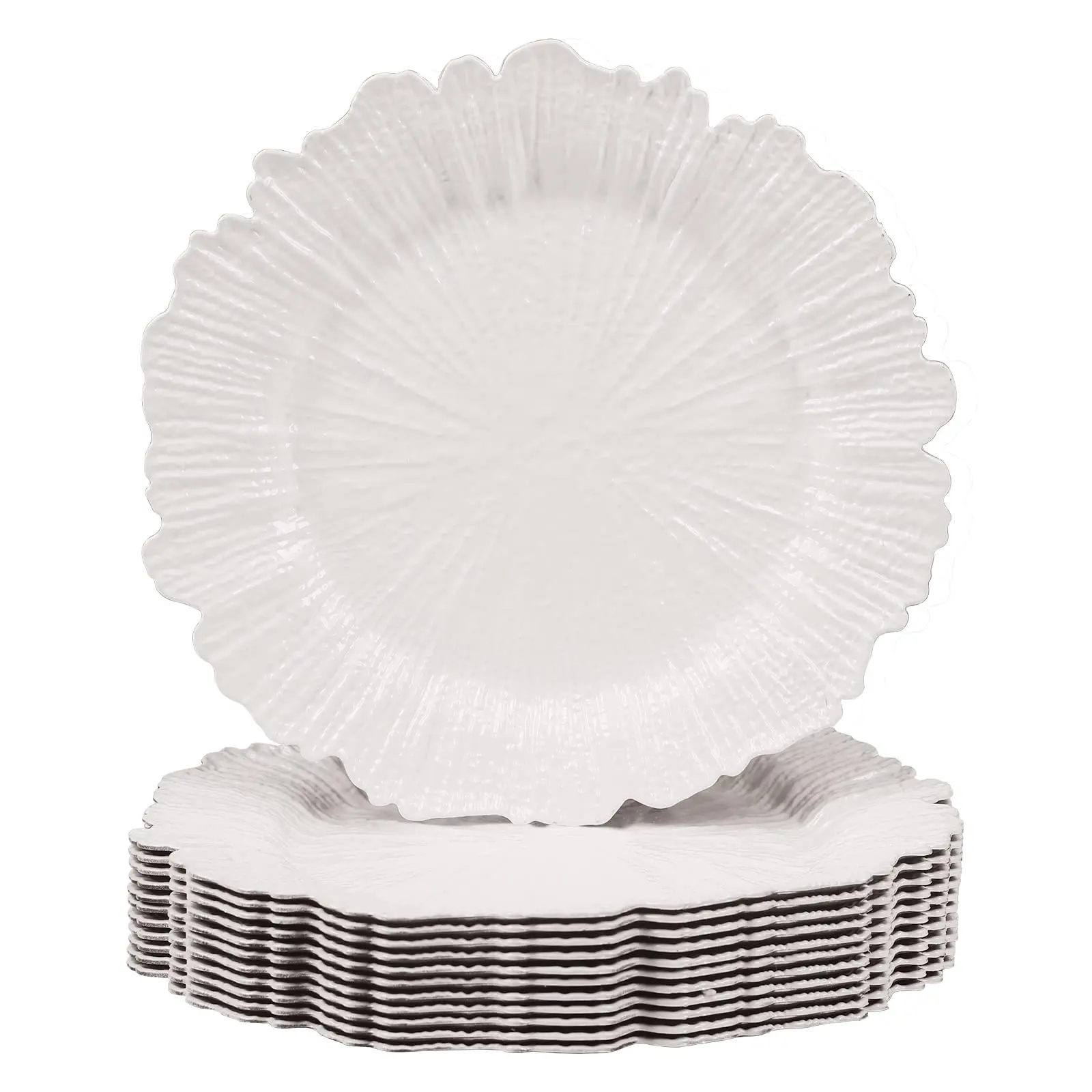 12pcs 13Inch White Charger Plates Round Plastic Decorative Plates with Wipe White Scalloped Rim Bulk Set for Wedding Decor and Table Settings